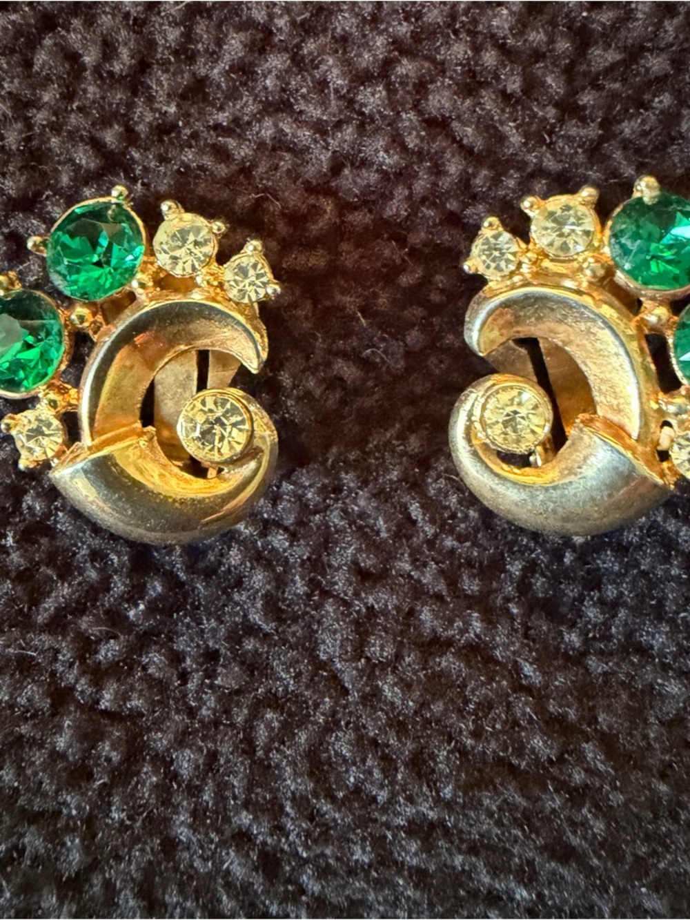 Vintage Gold-Tone Clip on Earrings with Emerald Green and Clear Crystals